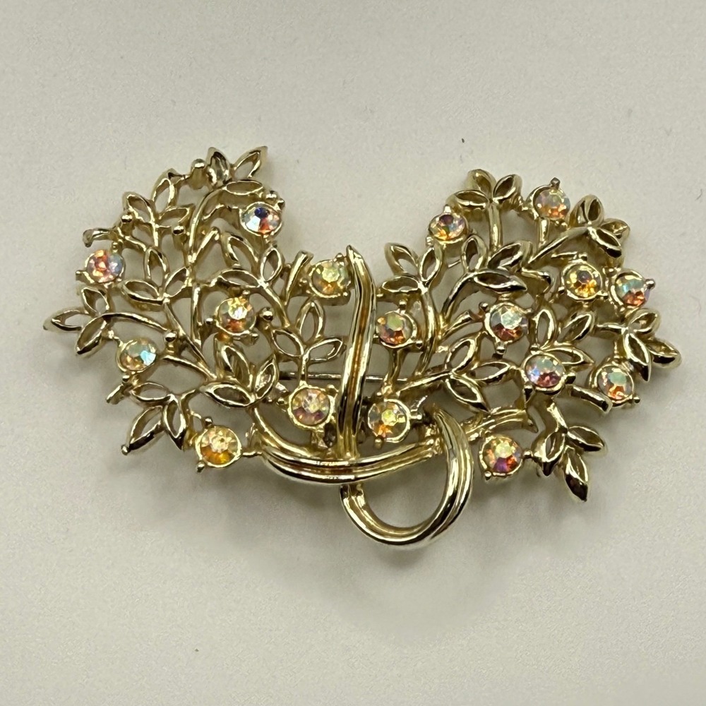 Vintage Gold Tone Aurora Borealis Rhinestone Floral Brooch Pin